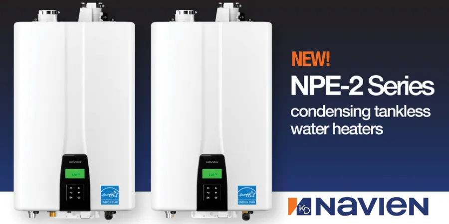Two white Navien NPE-2 Series condensing tankless water heaters.