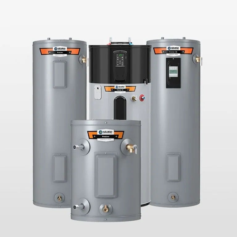 Four gray water heaters of varying sizes.