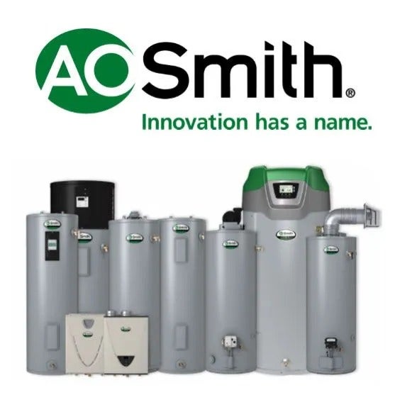 Collection of AO Smith water heaters of various sizes, with logo in green and black.