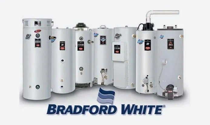 Several Bradford White water heaters in a row with the company logo at the bottom.