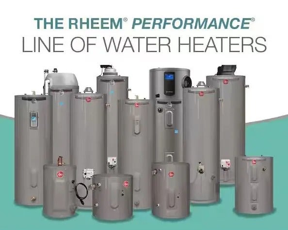 The Rheem Performance line of water heaters, different sizes and styles on display.