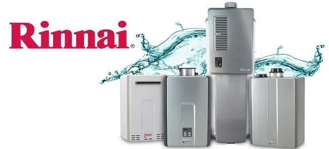 Rinnai water heaters, with water splash, on white background.